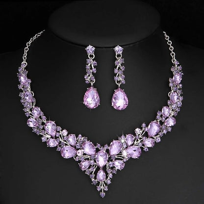 Molie Bridal Austrian Crystal Necklace and Earrings Jewelry Set Gifts fit with Wedding Dress - color: 4Pcs/Set-Light Purple