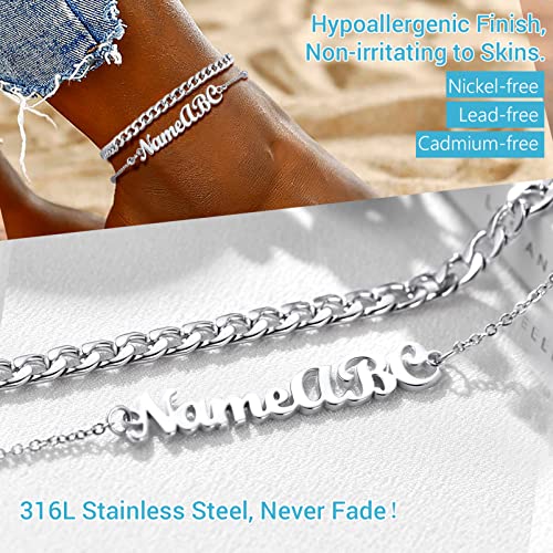 PROSTEEL Trendy Handcuffs Design/Customize Words Ankle Bracelet For Women, 316L Stainless Steel Anklets Silver/Gold/Black Tone, Hypoallergenic, Come with Box - style: 07 Customize-Cuban Link(8.5"-10.5")-Elegant Silver