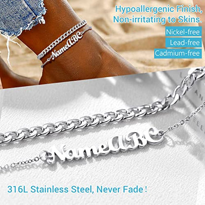 PROSTEEL Trendy Handcuffs Design/Customize Words Ankle Bracelet For Women, 316L Stainless Steel Anklets Silver/Gold/Black Tone, Hypoallergenic, Come with Box - style: 07 Customize-Cuban Link(8.5"-10.5")-Elegant Silver