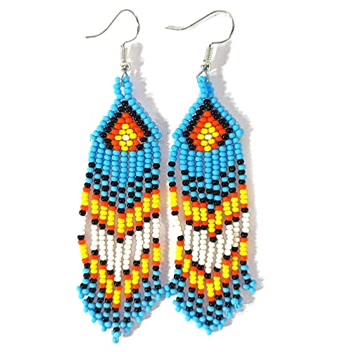 Weavish Layered Beaded Necklace – Boho Native Handmade Seed Bead Tassel Necklace, Bohemian Large Statement Beaded Necklace for Women - color: Blue