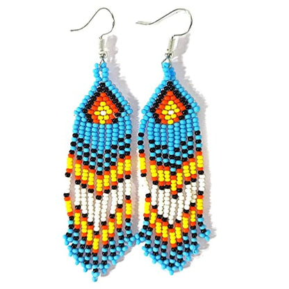 Weavish Layered Beaded Necklace – Boho Native Handmade Seed Bead Tassel Necklace, Bohemian Large Statement Beaded Necklace for Women - color: Blue