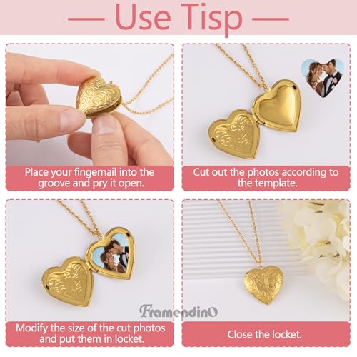 Framendino, 10 Pack Gold Stainless Steel Heart Locket Photo Picture Charms Pendants for Jewelry Making