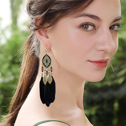 Dreuyet Boho Long Feather Drop Dangle Earrings for Women Retro Bohemian Ethnic Fringe Multicolor Tassel Feather Earring Handmade Statement Dream Catcher Earrings Jewelry - color: Black Oval