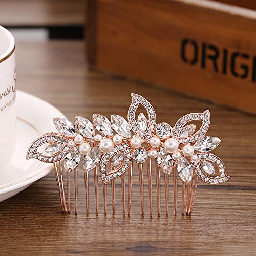 Kercisbeauty Wedding Bridal Bridesmaids Flower Girl Rhinestone Crystal Leaf Rose Gold Hair Comb Slide for Prom,Bun Hair Accessory (Rose Gold) - color: Rose Gold