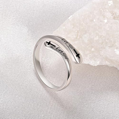 Fookduoduo 925 Sterling Silver Ring Inspirational Jewelry adjustable Wrap Open Rings for Women - style: Let Go Let God