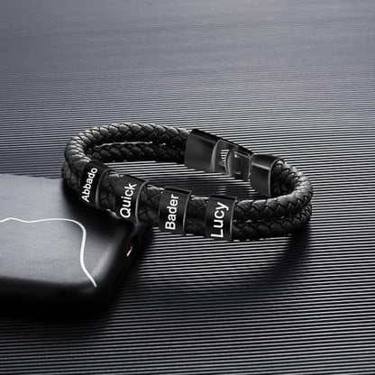Personalized Braided Leather Bracelet with Photo Custom Name Beads Cuff Bangle Jewelry Gifts for Men Dad Husband Grandpa Fathers Day - color: Style 2-Black-8.5inch