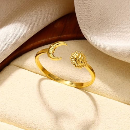 Sun and Moon Rings Stainless Steel Crescent Sun Rings for Women Gold Open Ring Middle Index Finger Jewelry Gift - color: A-Gold Sun&Moon