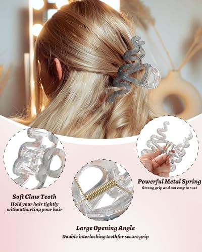 4Pcs Large Hair Claw Clips, Nonslip Cute Jelly Hair Clips for Thick Hair and Long Hair - color: Wave-Pink + Gray + Yellow + Cyan