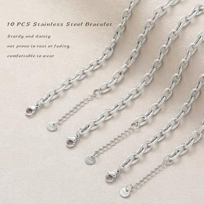 10 PCS Bracelets for Women Stainless Steel Chain Link Bracelet Set | 6.7 Inches with Extender, Jewelry Gifts for DIY, Chains Bulk, Oval, Curb, Figaro Chains, 18K Gold Plated, Silver, Chunky - color: Oval Silver