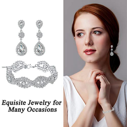 Paxuan Silver/Gold Plated Bridal Wedding Rhinestone Earrings Bracelet Set for Wedding Brides Bridesmaids Crystal Stone Dangle Drop Earrings Link Tennis Bracelet Set for Women Wedding - color: Bracelet and Earrings Set