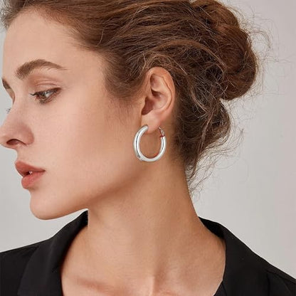 sovesi Chunky Hoop Earrings for Women, 14K Gold Plated Thick Hoops | 5mm Thick Hollow Tube Chunky Lightweight Hypoallergenic Hoop Earrings for Women - style: Silver 30MM