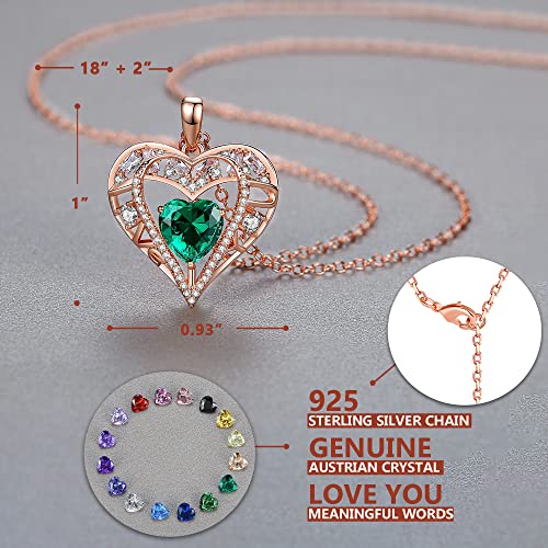 5 Heart I Love You Necklace for Women, Birthstone Crystal Pendant, Birthday Gift for Her, Wife, Mom, Rose Gold or Gunmetal Plated, 925 Sterling Silver Chain 18"+2" - color: 05-May-Emerald Green-Rose Gold Plated