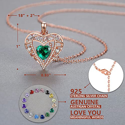 5 Heart I Love You Necklace for Women, Birthstone Crystal Pendant, Birthday Gift for Her, Wife, Mom, Rose Gold or Gunmetal Plated, 925 Sterling Silver Chain 18"+2" - color: 05-May-Emerald Green-Rose Gold Plated