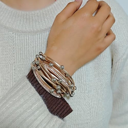 ZMANYIJEW Leather Wrap Bracelets for Women,Boho Cuff Bracelets Multi-Layer Crystal Beads Cuff Bracelet Multilayered Leopard Leather Braided Bangle Wrist Cuff Bangles - style: bead-champagne