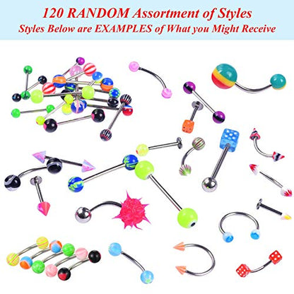 BodyJ4You 120PC Body Piercing Jewelry Kit - CBR BCR Rings Barbells Studs Screws Curved Bars - Belly Button Cartilage Tragus Nose Septum Tongue - 14G 16G 18G 20G Stainless Steel Random Bulk Set - color: 120PC Random Jewelry