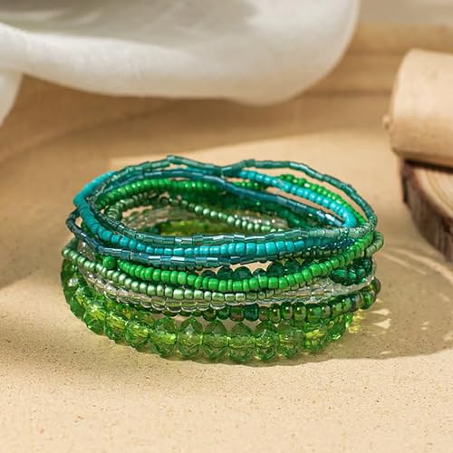 Handmade Stackable Rice Seed Beaded Ball Bracelets set for women, Romantic Boho Trendy Acrylic Glass Stretch Accessories Multi Layer Jewelry, Daily Wear Party Holiday Friendship Gift - color: Green