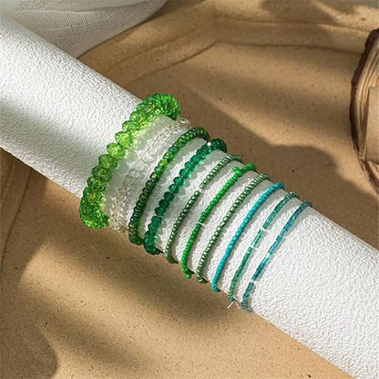 Handmade Stackable Rice Seed Beaded Ball Bracelets set for women, Romantic Boho Trendy Acrylic Glass Stretch Accessories Multi Layer Jewelry, Daily Wear Party Holiday Friendship Gift - color: Green