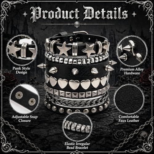 5 Pcs Punk Studded Bracelet Emo Goth Bracelets Y2k Alt Jewelry Grunge Spike Accessories for Men Women Rocker Clothes - color: 5 Pcs