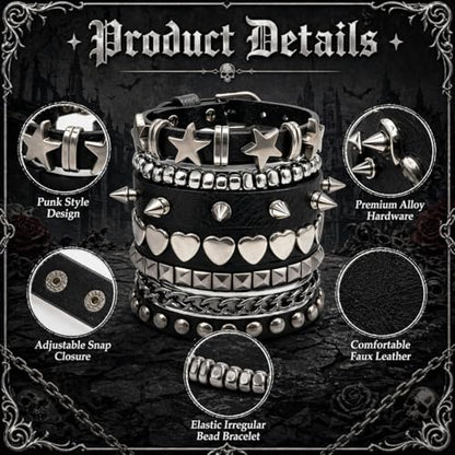 5 Pcs Punk Studded Bracelet Emo Goth Bracelets Y2k Alt Jewelry Grunge Spike Accessories for Men Women Rocker Clothes - color: 5 Pcs