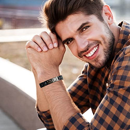 Men's Bracelet, Black and Blue Ion Stainless Steel, Initial Curved Plate, Gift for Boyfriend, Husband, Father, Comes with Gift Box - color: blue-blackB
