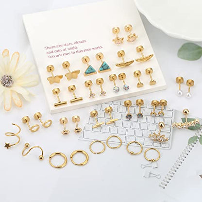 MJust 18 Pairs Earrings Set – Flat Back Stud Hypoallergenic 20G Steel stud | 18 Pairs Flat Back Earrings Set – Hypoallergenic 316L Steel Studs for Cartilage & Lobe Piercings - color: Aureate