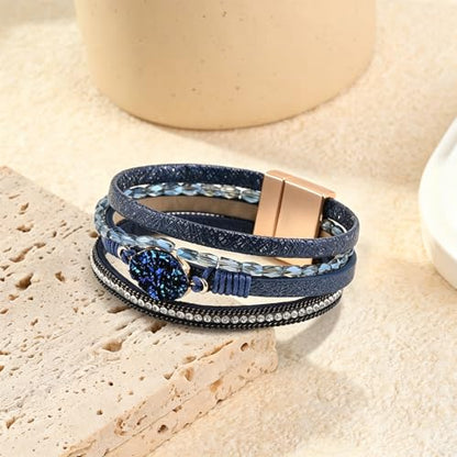 Wrapped Bracelets for Women,Leather Boho Bracelets for Women - color: Beads-NavyBlue