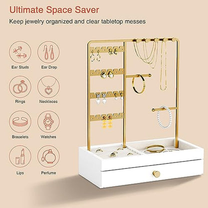 Goozii Gold Jewelry Stand Organizer Necklace Holder, Birthday Gifts for Women Girls, Small Jewelry Stand for Earrings Rings Bracelets, Velvet Jewelry Hanger Tree, Mothers Day Gifts - White and Gold - color: White and Gold
