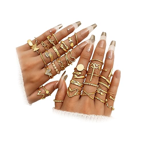 19-36 Pcs Gold Boho Knuckle Rings Set for Women, Vintage Stackable Dainty Joint Finger Gold Jewelry Set with Love Pearl and Sparkling Crystals - color: 36-PCS