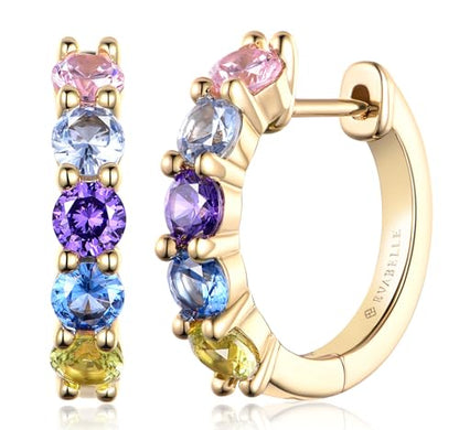 Evabelle Gold Hoop Earrings for Women 14K Real Gold Plated Cubic Zirconia Diamond Hoop Earrings Huggie Hoop Earring Women Earrings Earring for Men 925 Sterling Silver Post Hypoallergenic - color: Hoops 04-Colorful-14K Gold Plated
