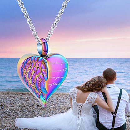shajwo Cremation Heart Urn Necklace Ashes Jewelry for Women Men Keepsake Pendant Memorial Locket Ash Holder - color: Wing-Rainbow