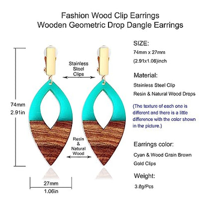 Wooden Geometric Clip On Earrings Women Gold Black Wood Non Pierced Ears Dangle Drop Earrings Triangle Leaf Comfortable Clip Earrings Jewelry - color: Leaf_Cyan+Gold