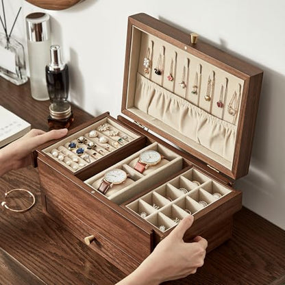 Black Walnut Wooden Jewelry Box for Women, 3 Layer | Large Wood Jewelry Organizer, Multi-functional Drawers, Watch, Necklace, Ring, Earring Storage, Gift