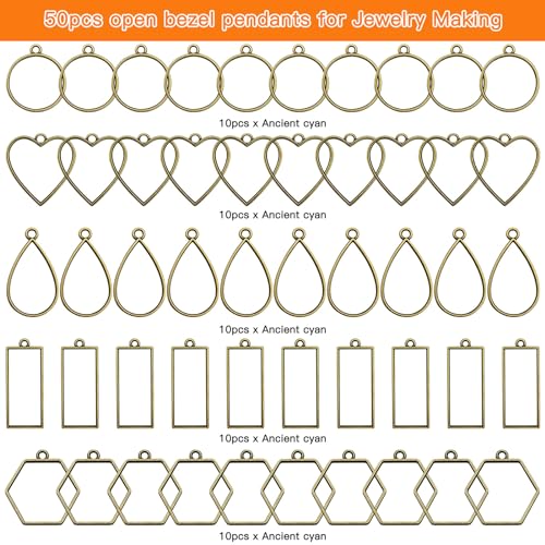 50pcs Open Bezels for Resin,5 Styles Hollow Frame Pendants Resin Casting Frame Pendant Resins Jewelry Making Supplies for Resins Casting,Necklace,Earrings,Pressed Flower,DIY Crafts(Ancient Cyan) - color: 50pcs;Ancient Cyan;5 Styles