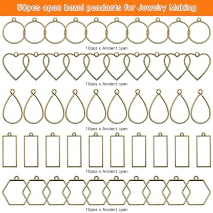 50pcs Open Bezels for Resin,5 Styles Hollow Frame Pendants Resin Casting Frame Pendant Resins Jewelry Making Supplies for Resins Casting,Necklace,Earrings,Pressed Flower,DIY Crafts(Ancient Cyan) - color: 50pcs;Ancient Cyan;5 Styles