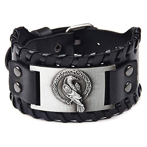 GelConnie Viking Bracelet Punk Leather Cuff Bracelet Gothic Leather Wristband Bracelet with Nordic Amulet Scandinavian Talisman Celtic Pagan Jewelry - color: Black Bird