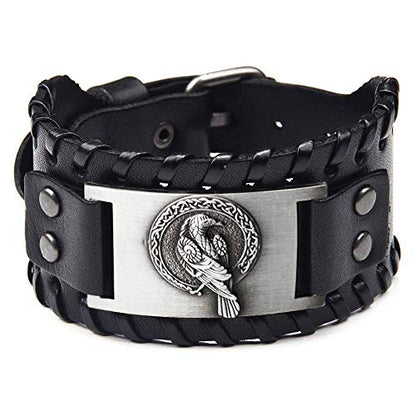 GelConnie Viking Bracelet Punk Leather Cuff Bracelet Gothic Leather Wristband Bracelet with Nordic Amulet Scandinavian Talisman Celtic Pagan Jewelry - color: Black Bird