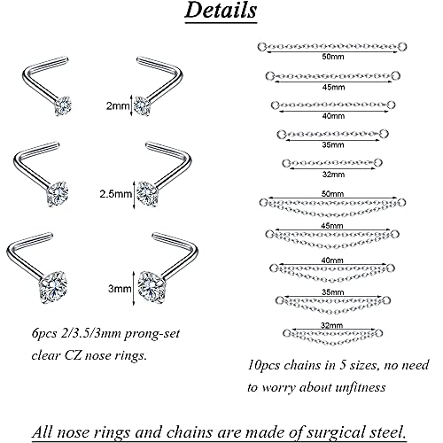 PunkTracker 20G Nose Rings 2mm 2.5mm 3mm CZ Nose Studs | with Chains Surgical Steel Nose Piercing Jewelry Nose Ring Studs - style: Silver, Nose Studs