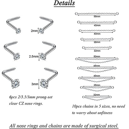 PunkTracker 20G Nose Rings 2mm 2.5mm 3mm CZ Nose Studs | with Chains Surgical Steel Nose Piercing Jewelry Nose Ring Studs - style: Silver, Nose Screw