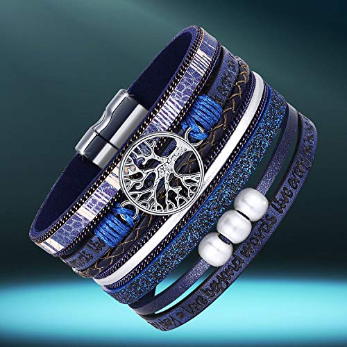 Desimtion Inspirational Tree of Life Boho Leather Wrap Bangle Bracelets for Women, Teen Girl Gifts Trendy Stuff, Fashion Accessories Jewelry Gifts for Women Girls - color: Blue