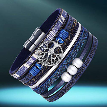 Desimtion Inspirational Tree of Life Boho Leather Wrap Bangle Bracelets for Women, Teen Girl Gifts Trendy Stuff, Fashion Accessories Jewelry Gifts for Women Girls - color: Blue