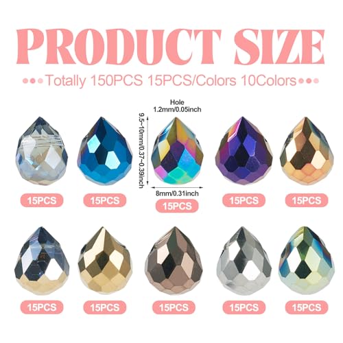 150Pcs Electroplate Faceted Teardrop Glass Beads Colorful Waterdrop Crystal Glass Beads Top Drilled Drop Beads Chandelier Dangle Pendants for DIY Earring Bracelet Necklace Jewelry Making - color: Mixed Color-C
