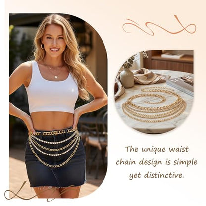 Dimore Women Belts for Dresses Plus Size, Gold Chain Belt Adjustable Waist Chain, Multi Layer Metal Chain Belt for Dresses (Style Gold 02, 150CM(Fit Waist 39-51 in))