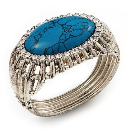 Avalaya Vintage Oval Shape Turquoise Stone, Crystal Hinged Bangle Bracelet