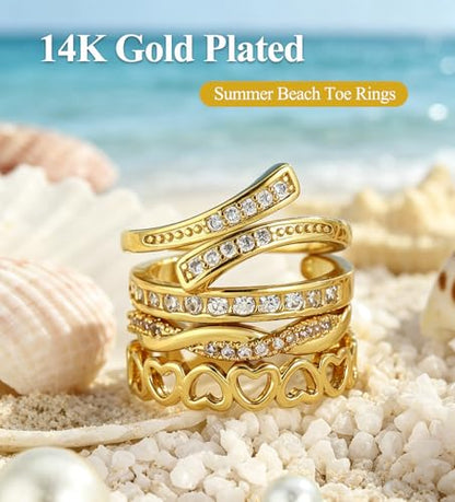 WAINIS 18Pcs Toe Rings for Women | 14K Gold Silver Plated Adjustable Toe Ring,Non Tarnish Simple Hug CZ Triple Open Band Toe Rings,Summer Beach Foot Jewelry - color: gold1