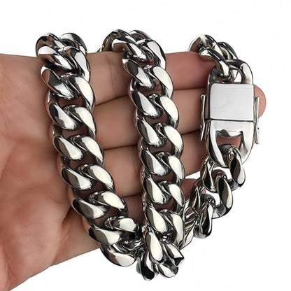ROWIN&CO Miami Cuban Link Chain for Men 15mm Silver Stainless Steel Curb Necklace, Hip Hop Jewelry, Durable & Anti-Tarnish Mens Chain 18" 20" 22" 30" Inch, Pops Gifts For Fathers Boyfriends, Sons - size: 18 inch