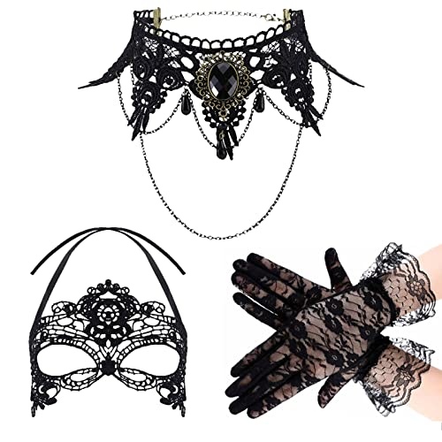 HUASAI Gothic Jewelry Set for Women, Black Lace Choker Necklace Earrings Bracelet Ring Set, Halloween Costume Accessories for Witch Vampire Outfits, Vintage Goth Party Jewelry - color: Style H