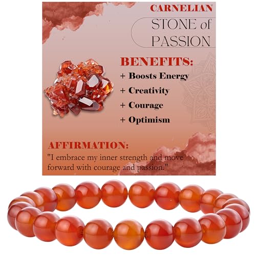 Bivei 8mm Beaded Bracelets for Women Handmade Semi Precious Natural Stone Stretch Elastic Jewelry Yoga Protection Gifts - color: Carnelian - Passion, size: Small 6.5-6.7 inch