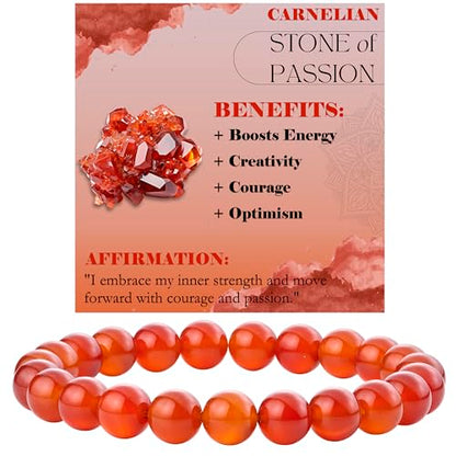 Bivei 8mm Beaded Bracelets for Women Handmade Semi Precious Natural Stone Stretch Elastic Jewelry Yoga Protection Gifts - color: Carnelian - Passion, size: Small 6.5-6.7 inch