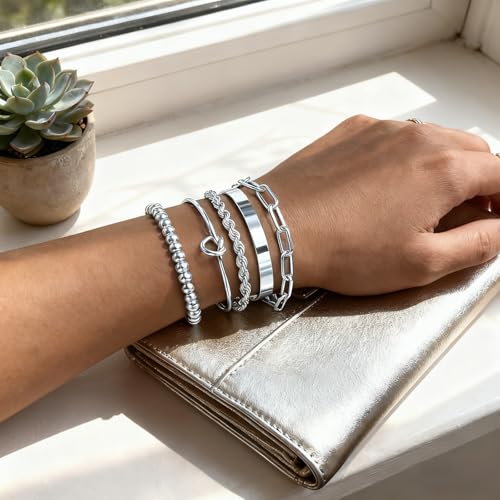 Gold Bracelets for Women, 5 Pcs Non-Tarnish Gold Plated Stackable Bangles with Beaded, Knot, Twisted, Cuff & Chain Designs, Everyday Jewelry Gifts - color: Silver-5pcs