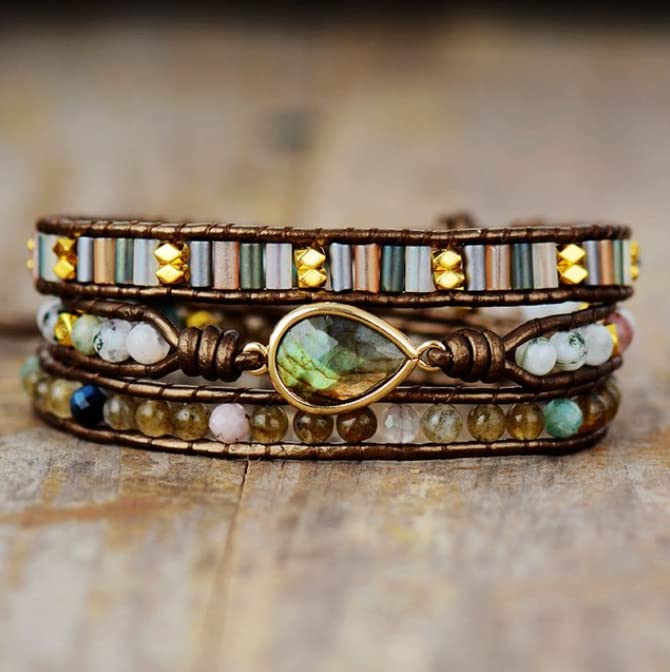 Handmade Boho Wrap Bracelets Natural Turquoise Crystal Stone Variety Beaded Strand Bracelet - color: Labradorite